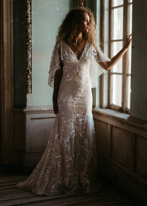 Cape Sleeves Ivory Embroidered Lace Wedding Dress With Nude Lining